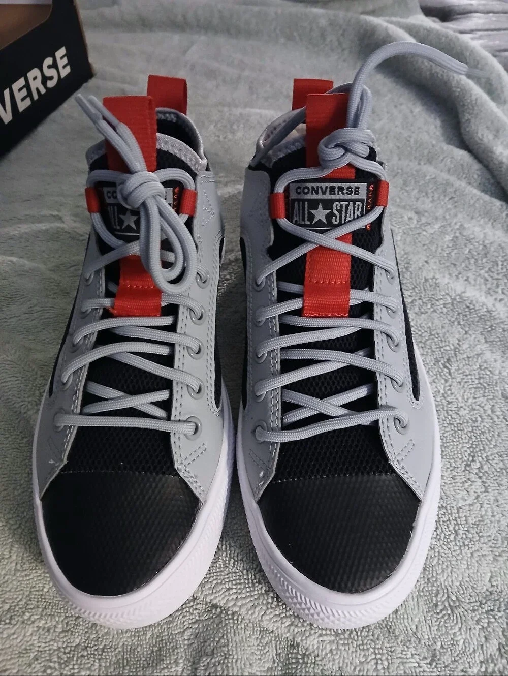 Converse Men’s Black & Gray High-Top Sneakers with Red Pull Tabs - Picture 1 of 5
